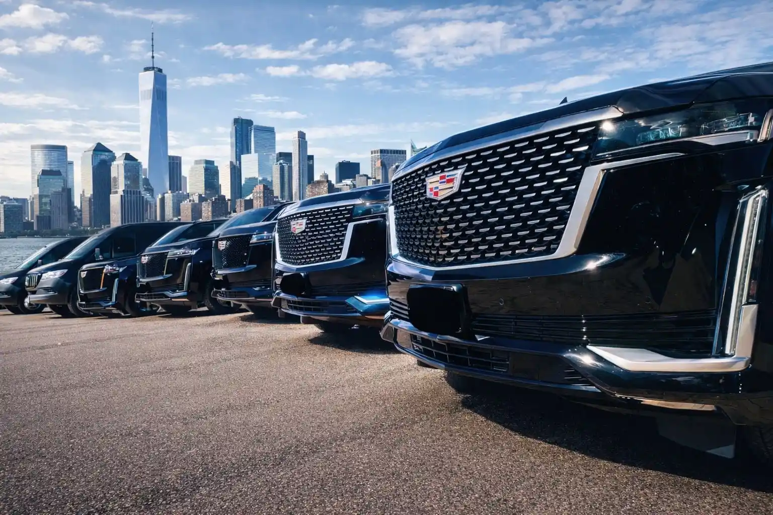 American Car Service NJ Luxury black car fleet lined up in New Jersey for American Car Service with city skyline in the background.